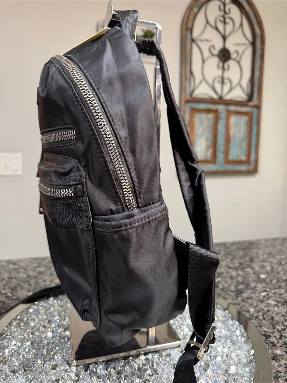 Anne Klein Black Nylon Medium Backpack with Silver Zippers NWT
